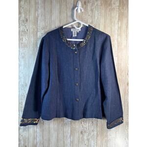 Coldwater Creek Blazer‎ Womens 16 Blue Denim Look Beaded Sequined Metal Buttons